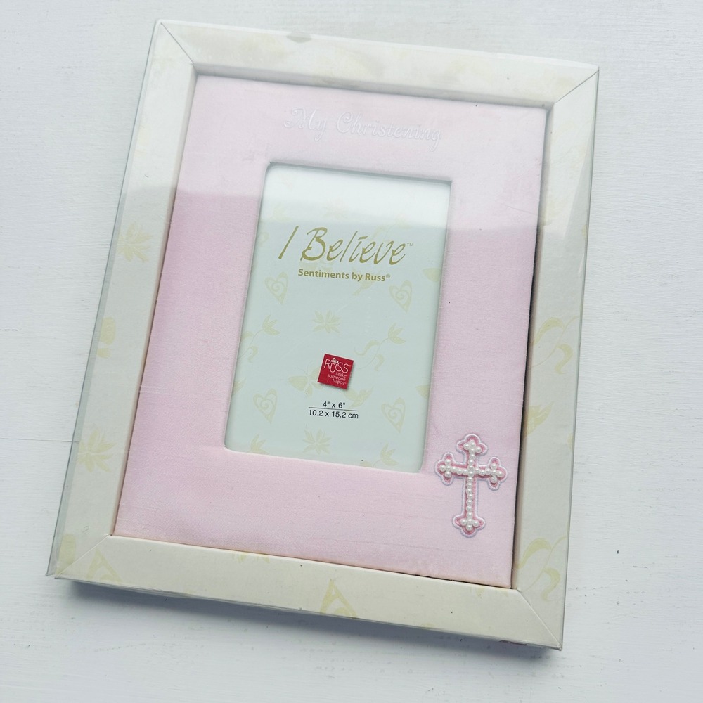 Russ Berrie I Believe My Christening Pink Fabric Photo Frame 4x6 Cross Pearls